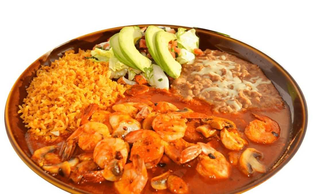 Camarones al mojo served with a side of rice and beans